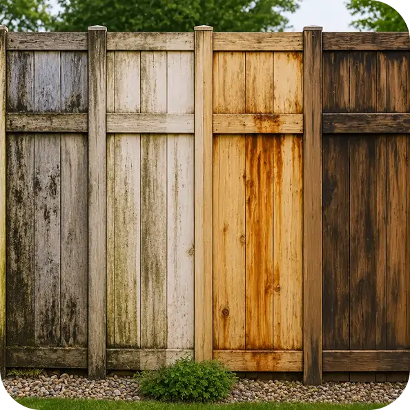 Before and after fence cleaning removing algae, mildew, dirt, weather stains, and organic buildup by City Power Washing