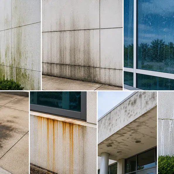 Dirt and grime buildup on office and medical building exterior