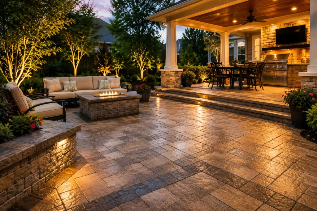 Professional patio, paver, and outdoor living area cleaning removing algae, mildew, dirt, and stains by City Power Washing