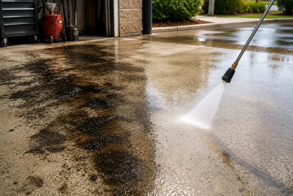 Professional oil spot and heavy stain removal from concrete surfaces by City Power Washing